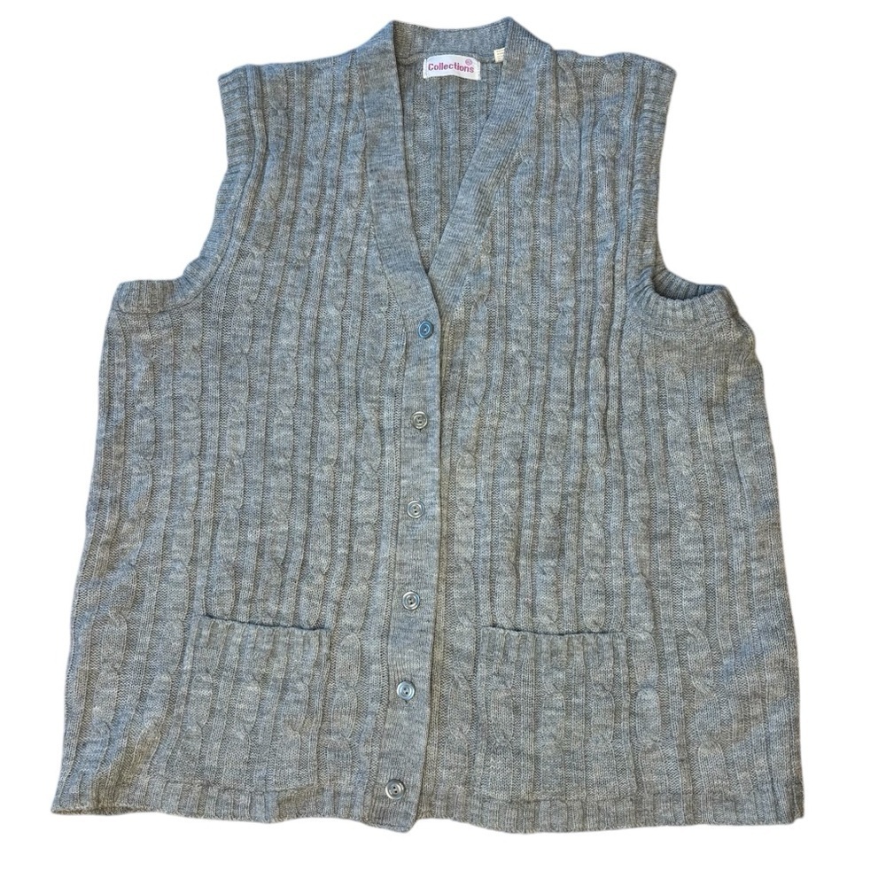 Vintage Men’s Sweater Vest Gray Cable Knit Button Down Size XL